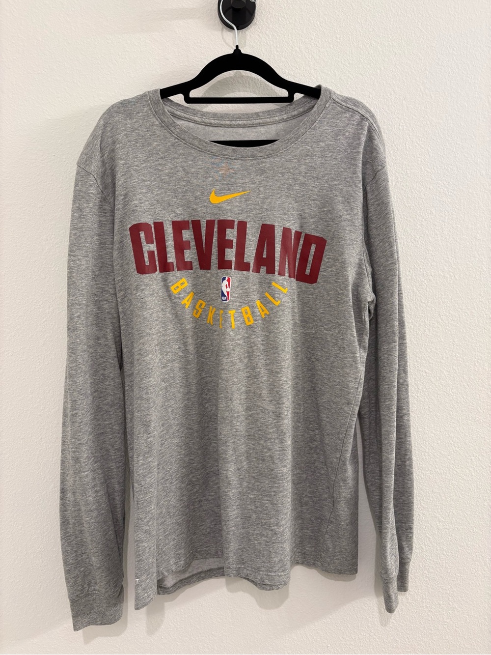 Nike Gray Cleveland Basketball Long-Sleeve Tee with Maroon and Yellow Accents